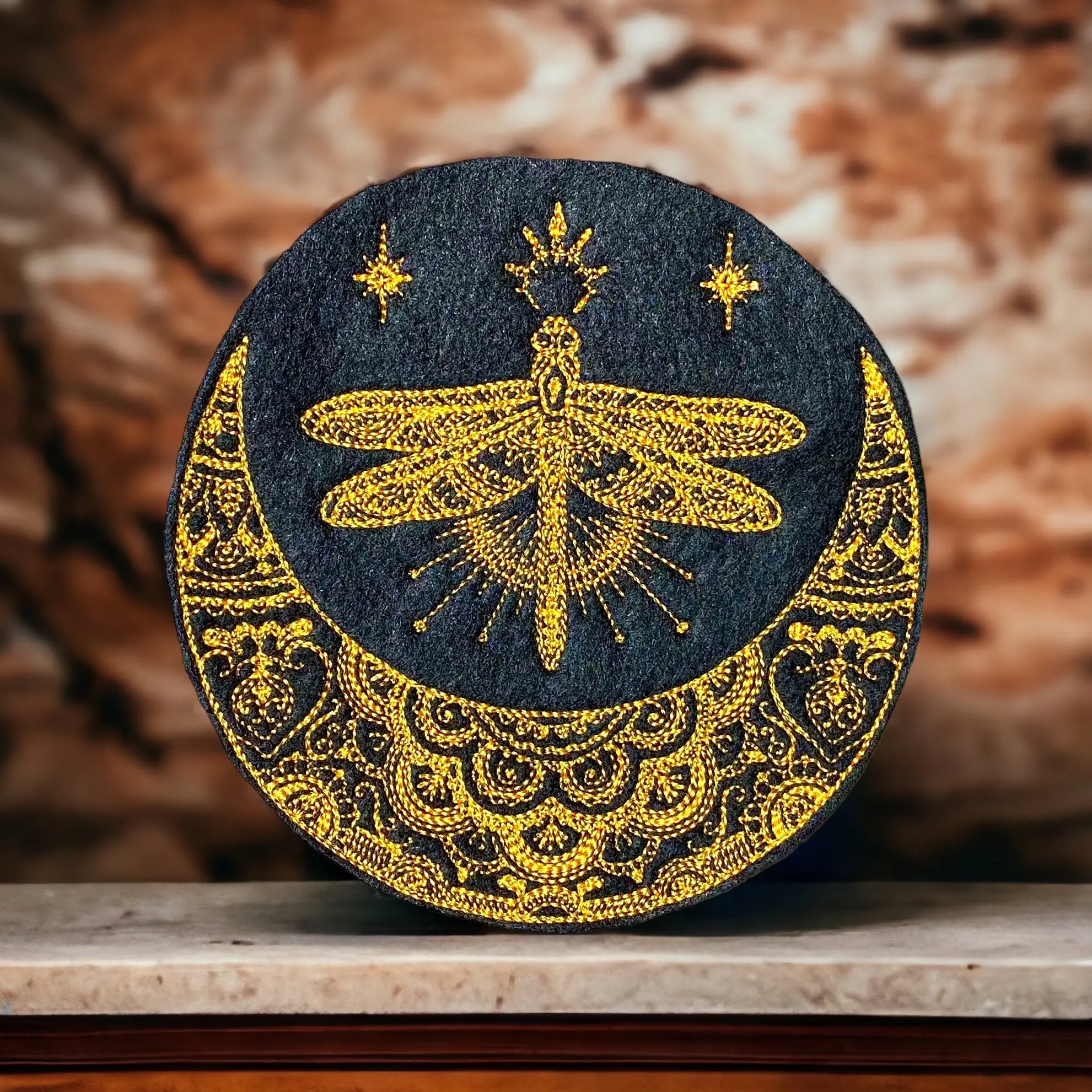 Mystical Dragonfly & Crescent Moon Embroidered Textile Patch - 4.96x4.84" Iron-On Mehndi Sewing Supply for Wardrobe Jackets, Jeans, Bags with Enchantment