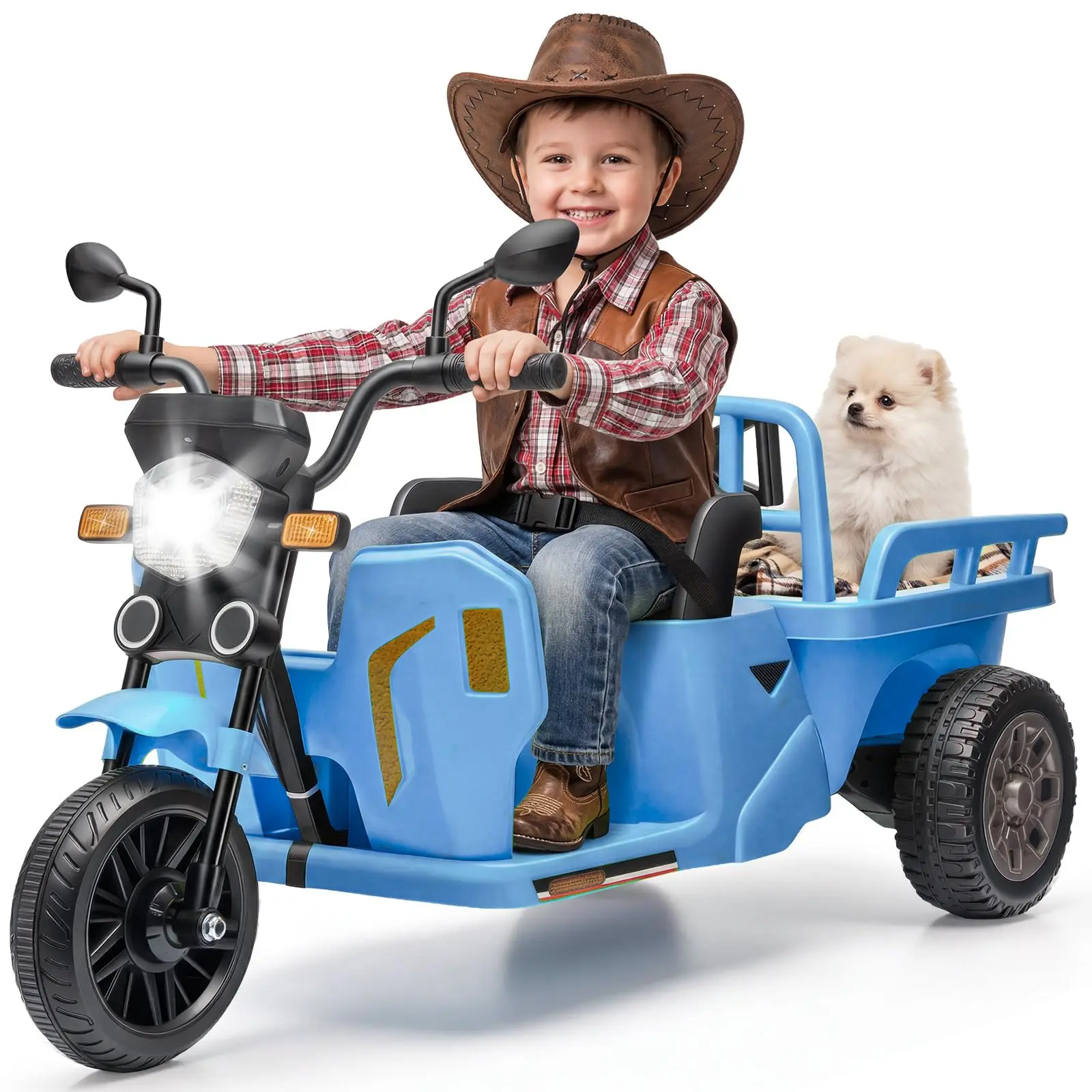 12V Kids Electric Tricycle 3-In-1 Ride-On Tractor with Trailer, Sand Shovel, Bluetooth Audio, Headlight, Wide Tires, Tractor Mode for Kids Outdoor Play, Toddlers Ages 3-8 Gift