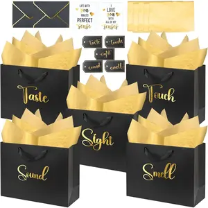 13'' Large 5 Senses  Bags for Him Her with Labels Envelopes and Cards,  Foil Sight Smell Touch Taste Sound  Bags with Tissue Handle for Birthday, Anniversary, Mother's Day, Valentine's Day