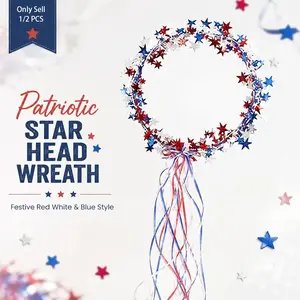 1/2 PCS Red White Blue Patriotic Star Head Wreath, Patriotic Star Tinsel Head Wreath with Ribbon Streamers, 4th of July Party Hair Accessory for Parades, Festivals, Photoshoots, Independence Day Dress-Up
