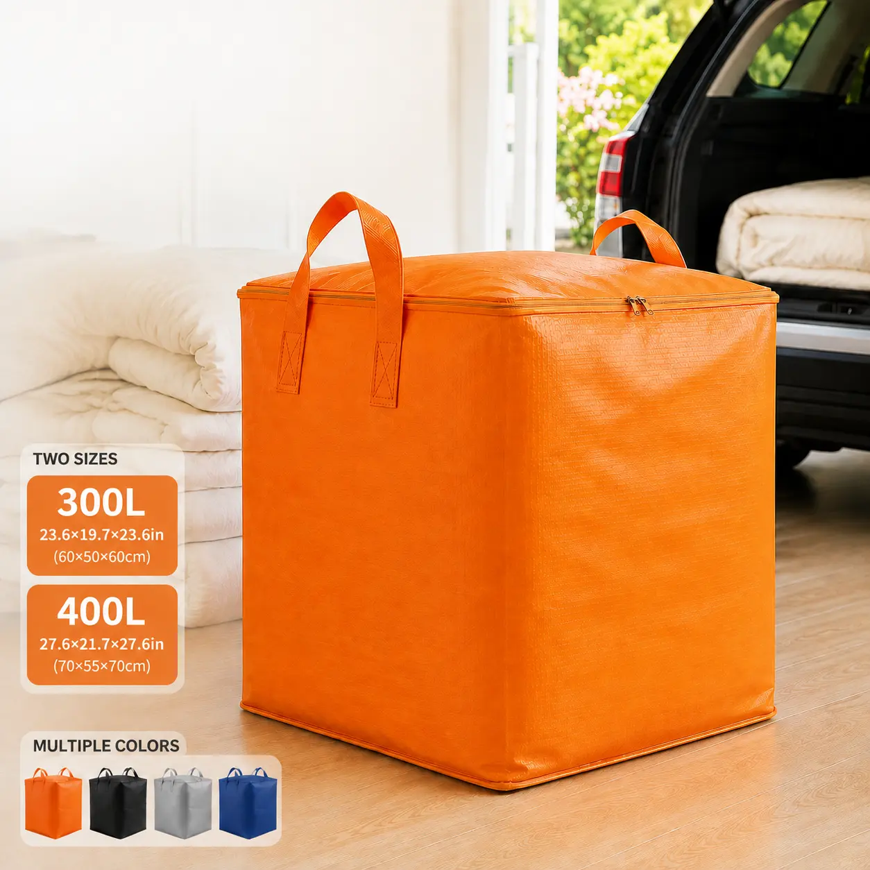 300L 400L Large Capacity Moving Storage Bag, Heavy Duty Woven Fabric Organizer Bag with Handles & Zipper, Portable Quilt Clothes Storage Sack