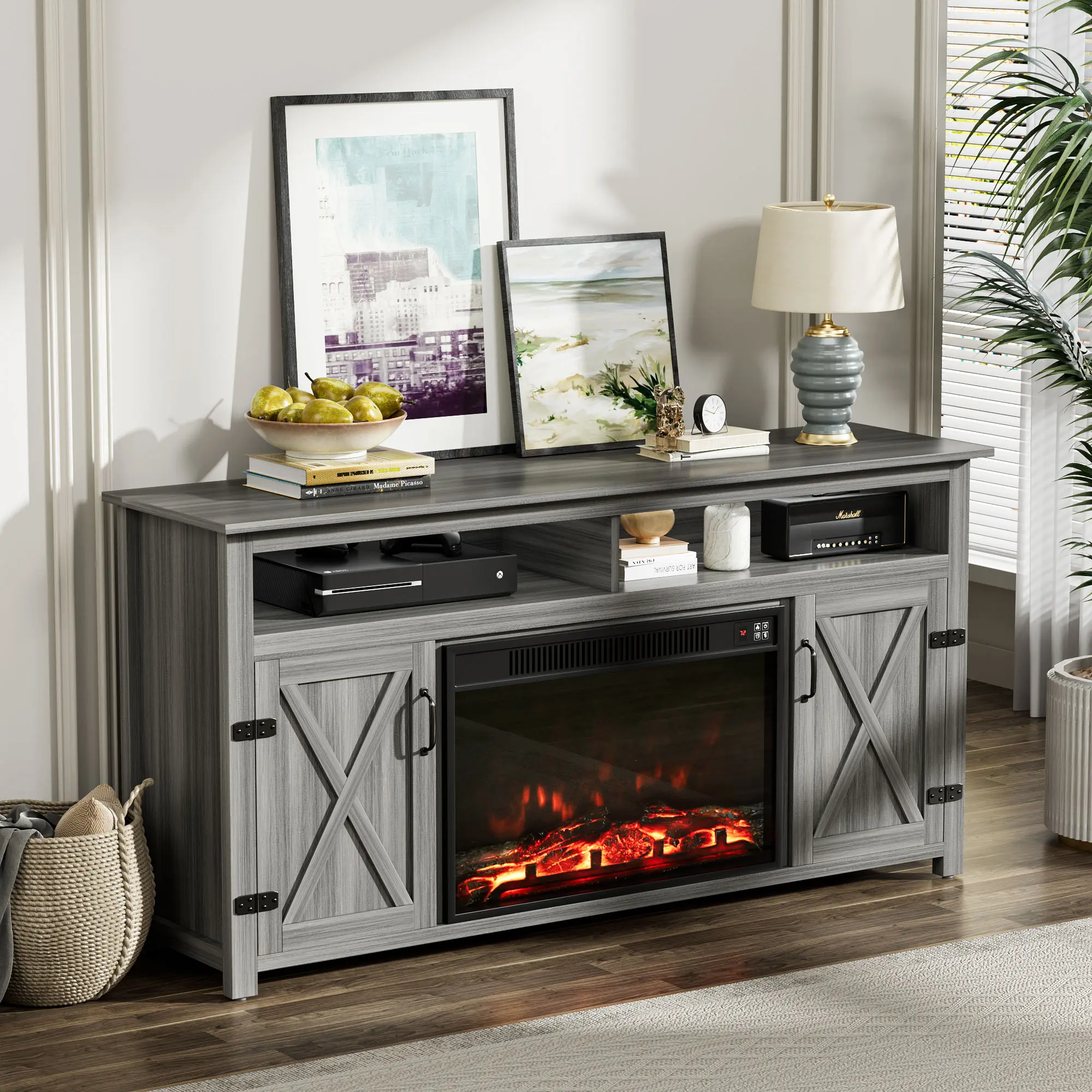 Furmax 30" Grey Wash Wood TV Stand - 26" Fireplace Console Cabinet with Grooved Barn Doors (Fits 65" TVs), Fireplace TV Table for Living Room