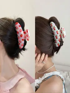 2pcs Simple Fresh Fruit Print Hair Claw Clips, Sweet Cherry Strawberry Hair Claws, Multiple Hair Volume, Back of Head Ponytail Holder