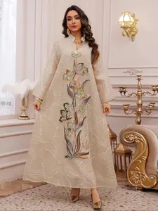 Light Apricot Rhinestone Floral Embroidery Kaftan, Dubai Style Mesh Stand Collar Floral Embellished Abaya, Abayas For Eid, Eid Luxe Dress, Long Sleeve, All Seasons
