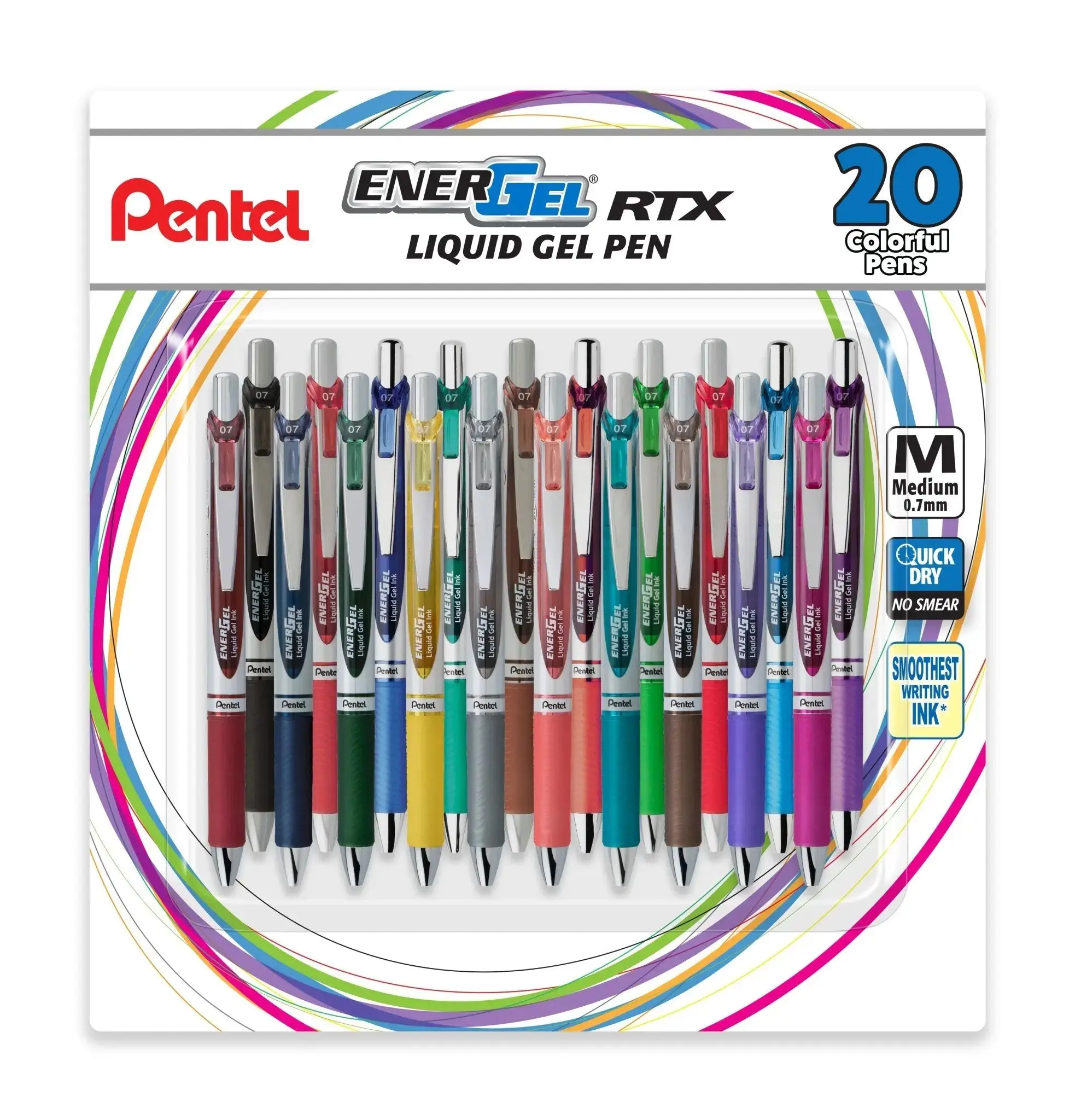 EnerGel RTX Retractable Refillable Liquid Gel Pens - 20-Pack Multicolor Smooth Writing Pens, Colorful Office Stationery & Supplies Writing Tools, Multicolor Pens, Writing Pen
