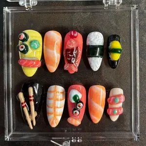 3D Sushi Chopsticks Press On Nails | Quirky Salmon Nigiri Japanese Food Oval Almond Nails