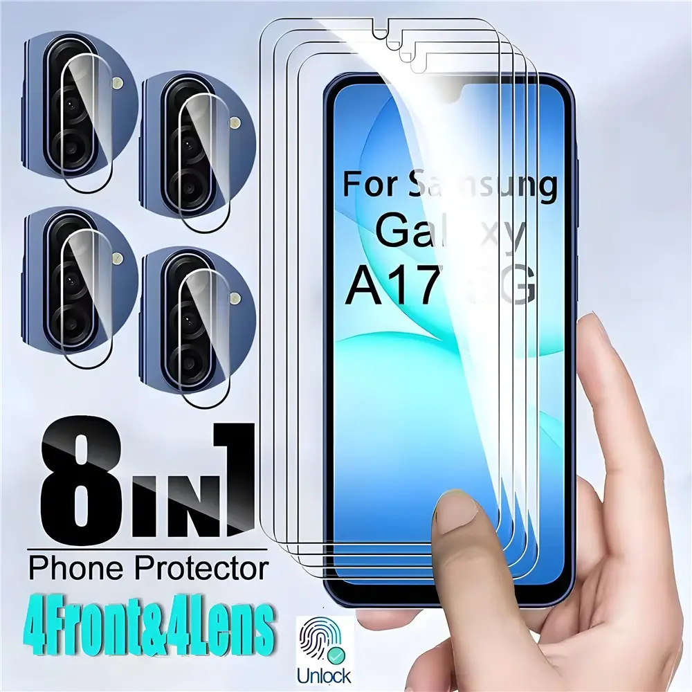 8 in 1 4 Pcs HD Shatterproof Tempered Glass Transparent Cellphone Screen Protectors + 4 Pcs Clear Camera Lens Protector Suitable for Galaxy A17 Smartphone 4G 5G Full Coverage HD Protective Lens Film 9H Glass Protection Suitable for Samsung A17 Accessories
