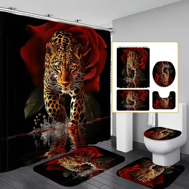 1/4pcs Valentine's Day Decorative Shower Curtain Set, Leopard Red Single Rose Pattern, Non-Slip Mat, U-Shaped Rug, Toilet Seat Cover, Includes 12 Shower Curtain Hooks, Bathroom Decoration Accessories, Bathroom Accessory, Bathroom Decor And Accessories