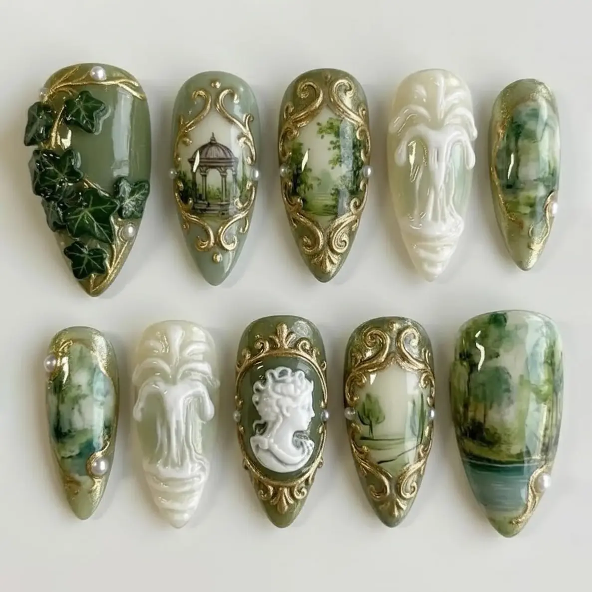 Handmade Neoclassical Garden Press On Nails | 3D Cameo & Fountain Sculpture Art | Luxury Sage Green Botanical Almond Set