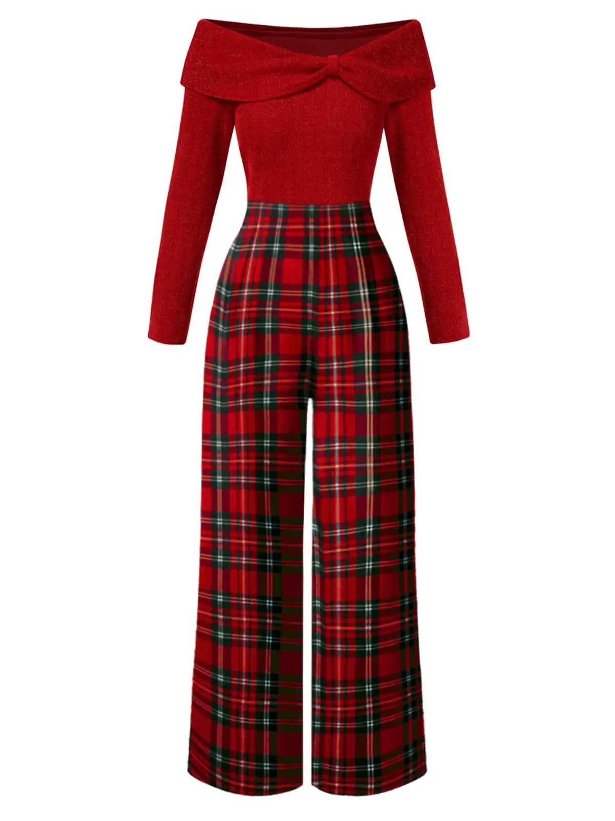 RETRO STAGE Women's 1950s Vintage Red Plaid Jumpsuit, Casual Off-Shoulder Ankle-Length Polyester with Concealed Side Zip
