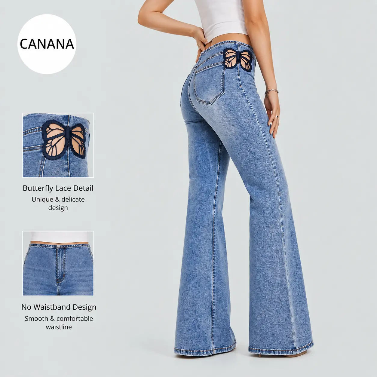 CANANA Butterfly Lace Embroidery High Rise Flared Jeans for Women Stretchy Minimalist Denim Mid Blue Wash Plus Size Regular Size Spring Fashion Daily Outfits SH25F04