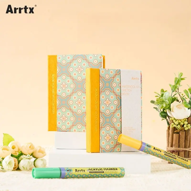 Arrtx Art Sketchbooks - 3.86"x5.35" Hardcover Watercolor Notebook with Floral Design, Includes Acrylic Marker for Artists, Boosts Drawing Experience