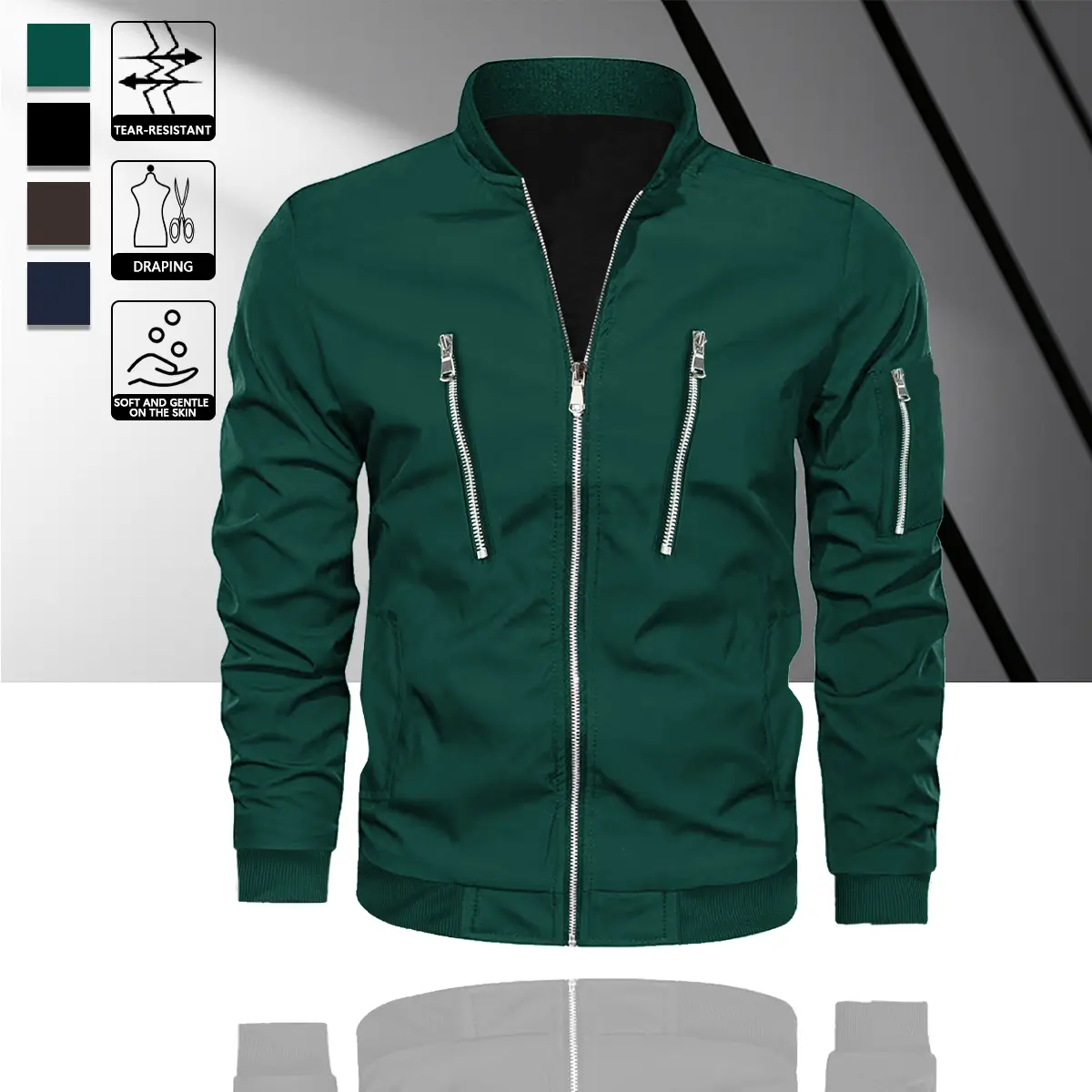 Men's casual stand up baseball collar jacket with multiple pockets, made of durable fabric and decorated with zippers, suitable for cycling, daily wear, sports, and fashion versatility, suitable for spring and summer wear. Aesthetics Coats Long Sleeve