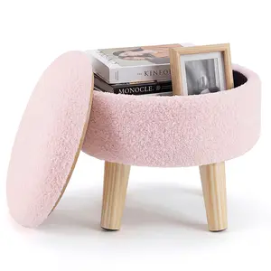 Round Storage Ottoman Foot Rest, Compact Boucle Upholstered Footstool with Hidden Storage, Padded Seat, Small Coffee Table for Living Room, Bedroom