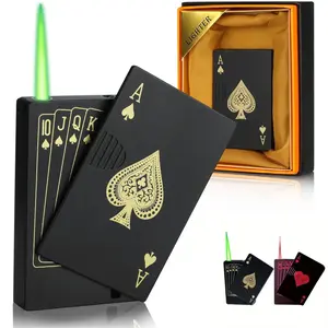 (Without Gas) Jet Torch Lighter, Green Flame Ace Card Lighter, Metal Poker Design Windproof Refillable Butane Cool Lighter, Outdoor, Indoor, Camping, BBQ, Candle, Birthday, Gift for Men/Women outdoorfun outdoorfun