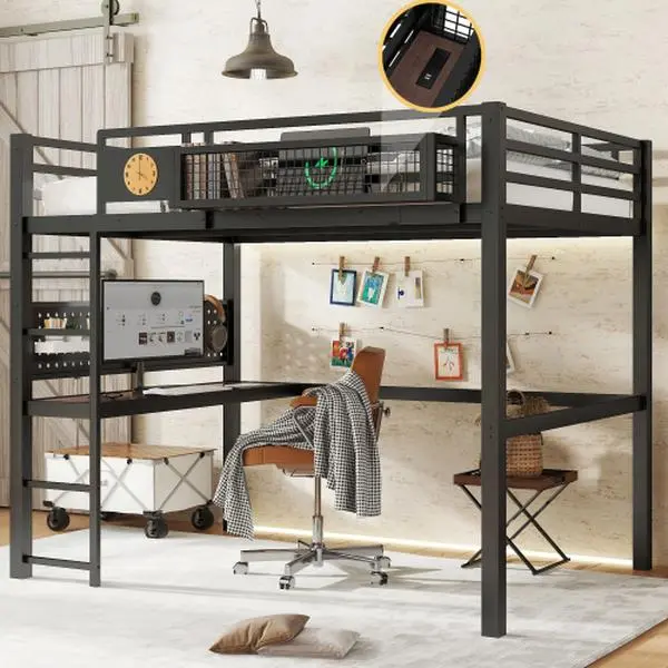 [Bellemave] （2 packages）Twin XL/Full /Queen Size Loft Bed Frame with desk, storage basket,Metal Loft Bed with clock,and charging port,Black