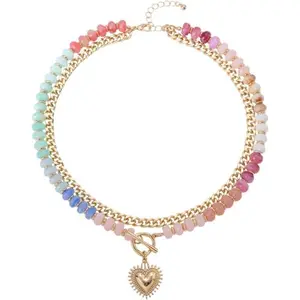 Boho Rainbow Bead Choker for Women – Double Layer Acrylic Necklace, Chunky Cuban Chain with Heart Pendant, Statement Summer Beach Jewelry Gift