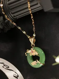 1 Green Peace Buckle Necklace Flower Ring Micro-Paved Light Luxury Niche Green Jade Lotus Leaf Pendant Suitable For Daily Wear By Women Valentines