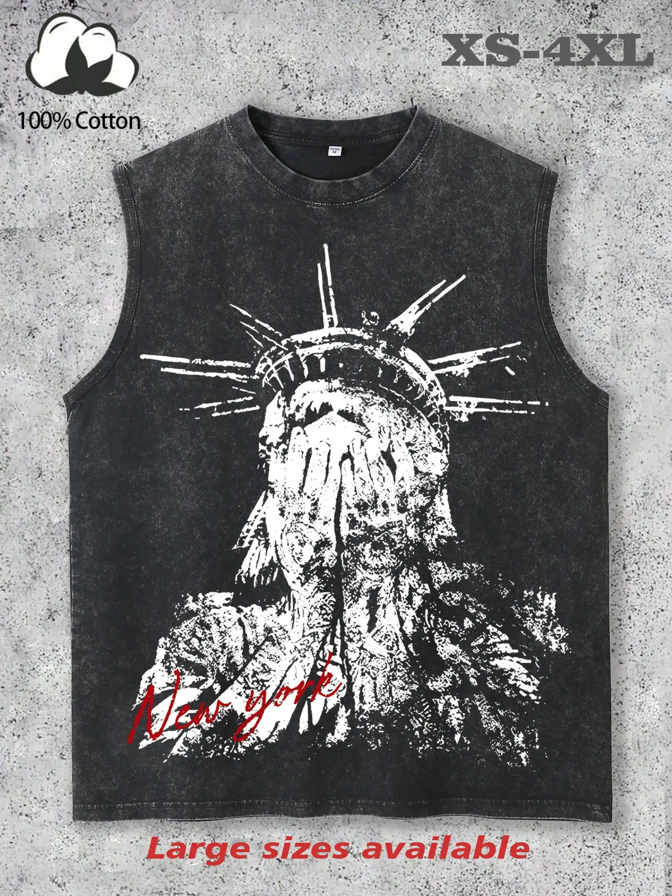 Men’s sleeveless vest T-shirt; vintage street style, high-quality 100% water-washed cotton, soft, comfortable, breathable, featuring the Statue of Liberty design. Perfect for casual summer wear, hip-hop/campus style, and versatile fashion.