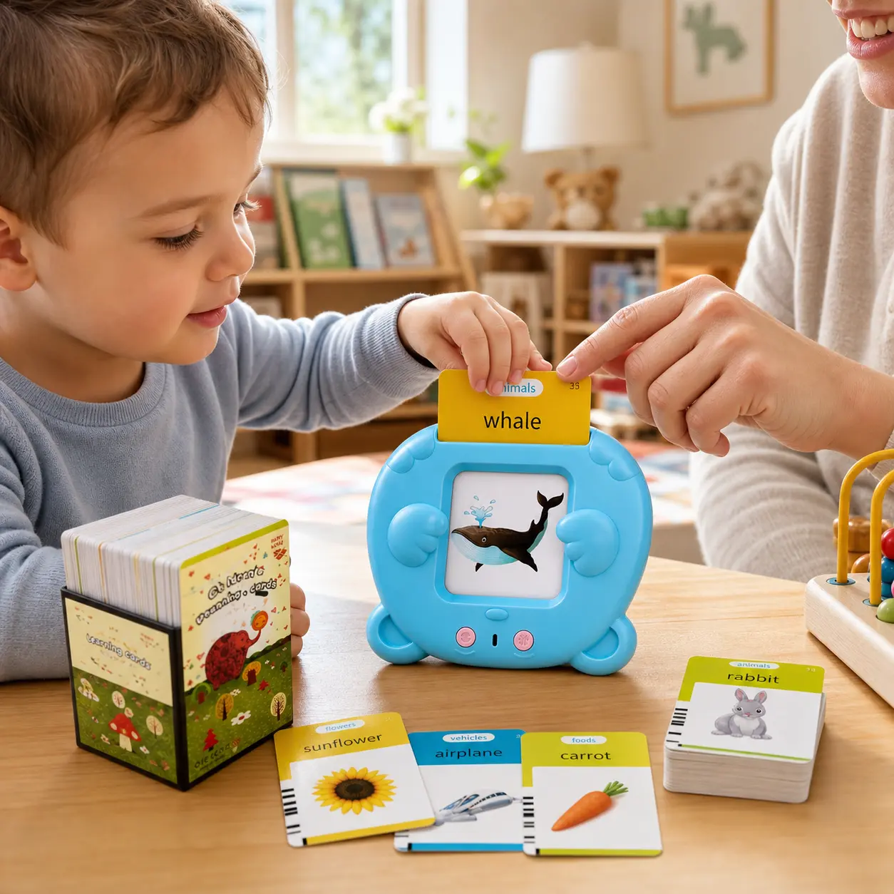 Talking Flash Cards for Toddlers, 112 Double-Sided Cards with 224 Words, Rechargeable Screen-Free Card Reader with Clear Pronunciation and Fun Sounds, Montessori Preschool Learning Toy for Vocabulary Practice at Home, Classroom and Travel