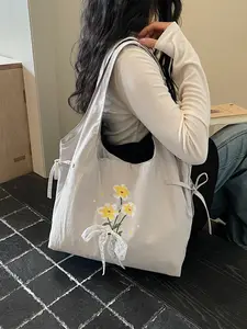 Lightweight Nylon Tote Bag, Floral Butterfly Knot Design, Casual Sweet Shoulder Bag, Ideal for Shopping and Daily Use, Perfect for Students