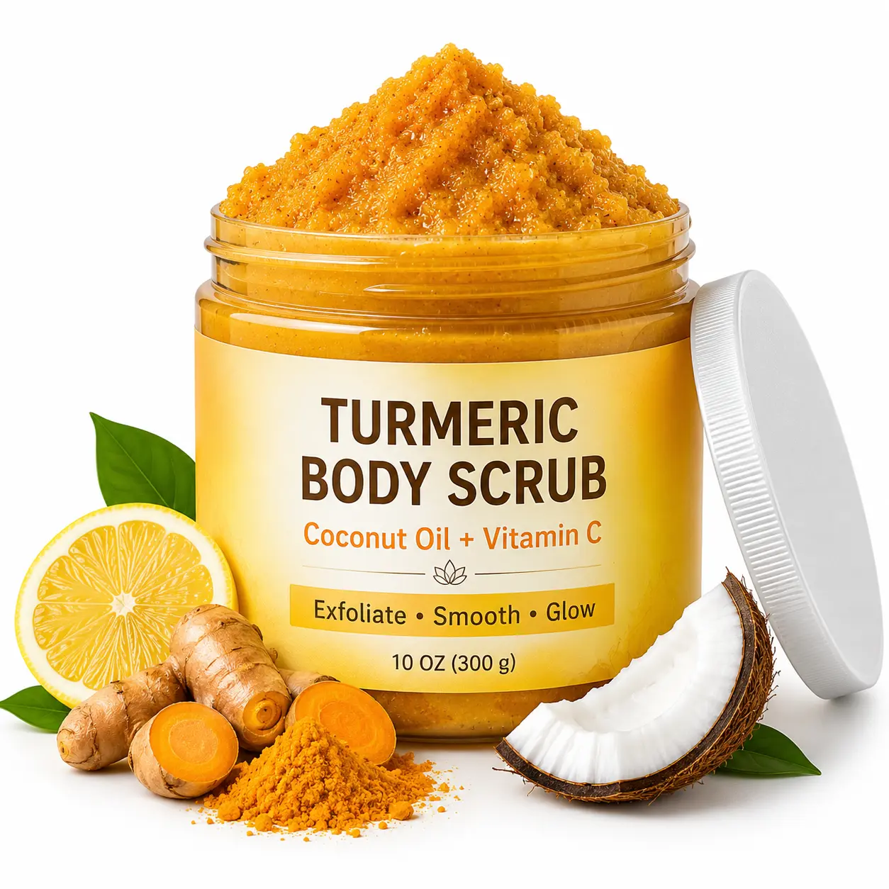 Turmeric Body Scrub with Vitamin C & Coconut Oil, Exfoliating Sugar Scrub for Body, Bikini Area, Underarms, Knees & Elbows, Moisturizing Scrub for Smooth Glowing Skin