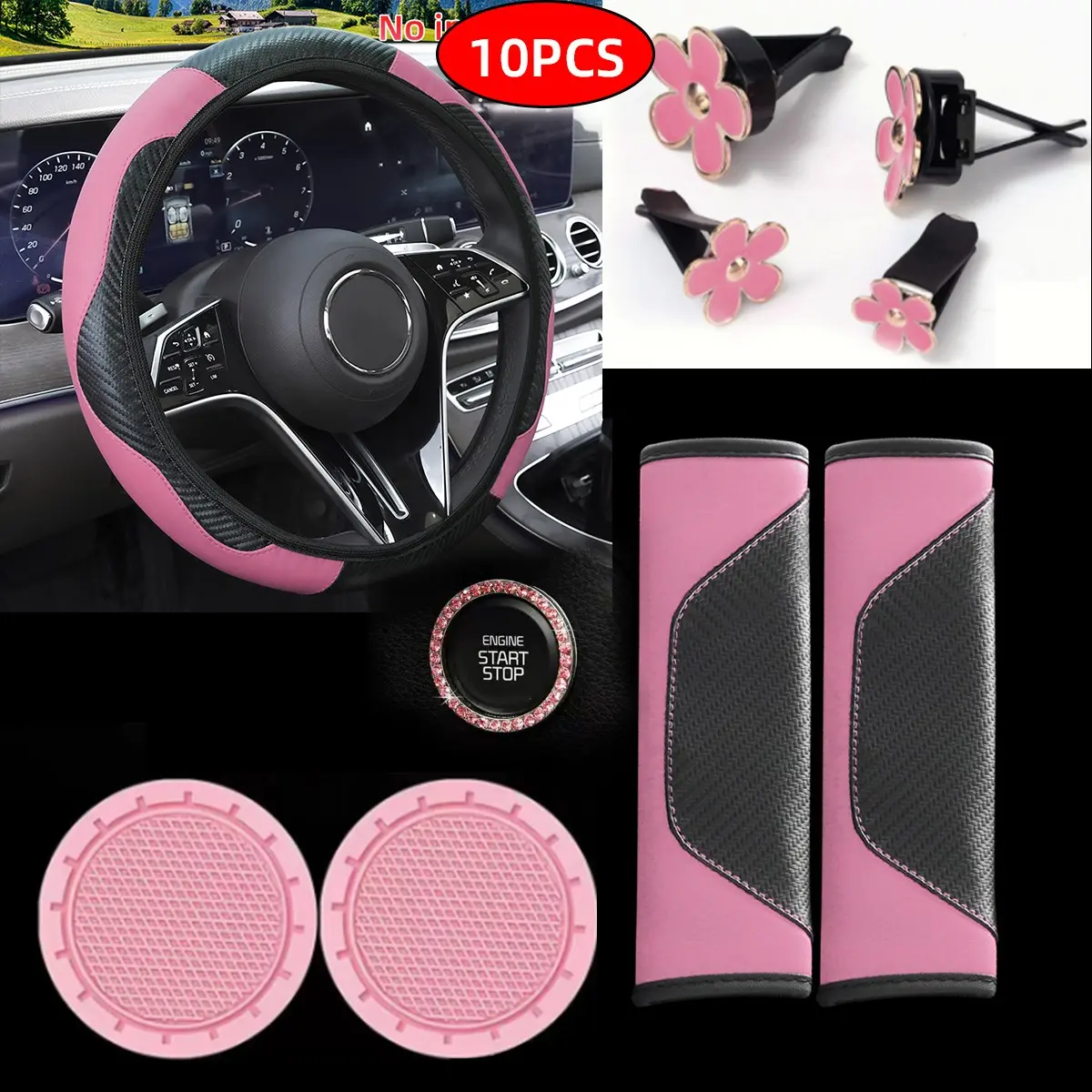 10-Piece Car Interior Accessories Set, Automotive Decorative Accessories, Automotive Decoration, Steering Wheel Cover, Seat Belt Pad, Air Vent Clip, Cup Holder, Start Button Decor, Perfect Gift