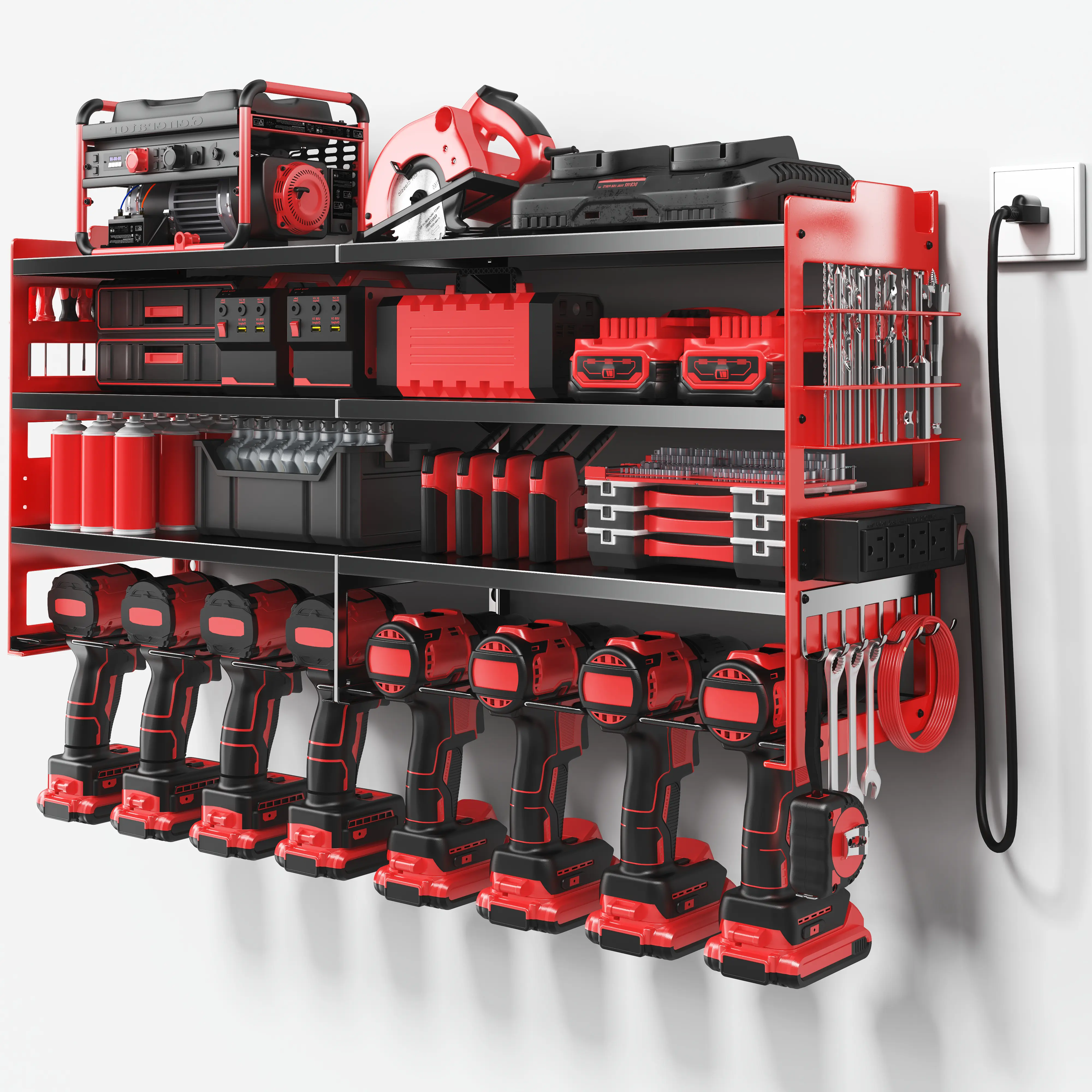 600 lbs Capacity Power Tool Storage Rack – 4‑Tier Wall Mount with Charging Station, 8 Drill Holders & 4‑Outlet Power Strip for Garage Organization