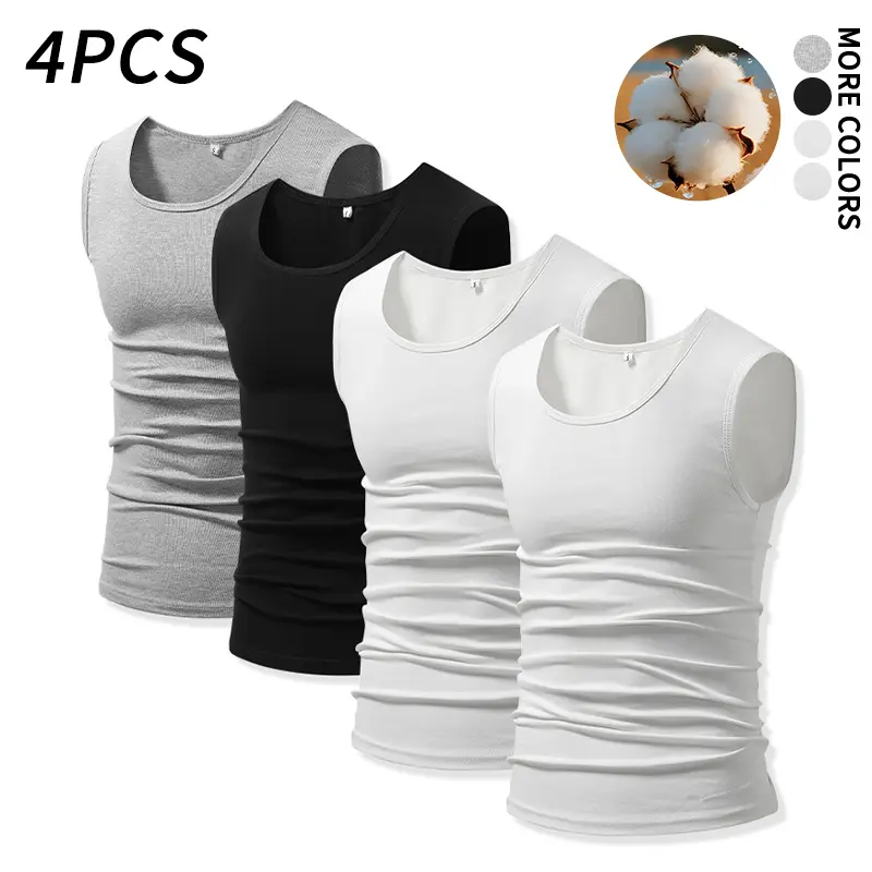 4-pcs men’s 100% cotton tank tops, slim fit that isn’t tight—suitable for layering or wearing alone.Summer clothing, casual sleeveless top
