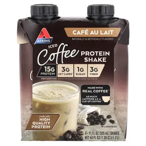Atkins Iced Coffee Protein Shake, Cafe Au Lait, 4 Shakes, 11 fl oz (325 ml) Each