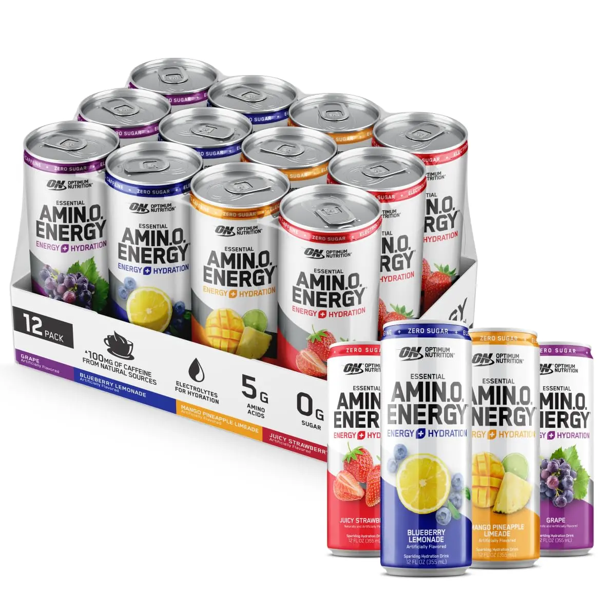 Optimum Nutrition Amino Energy Sparkling Hydration Drink, Electrolytes, Caffeine, Amino Acids, BCAAs, Sugar Free, 12 Fl Oz, Pack of 12 (Packaging May Vary)
