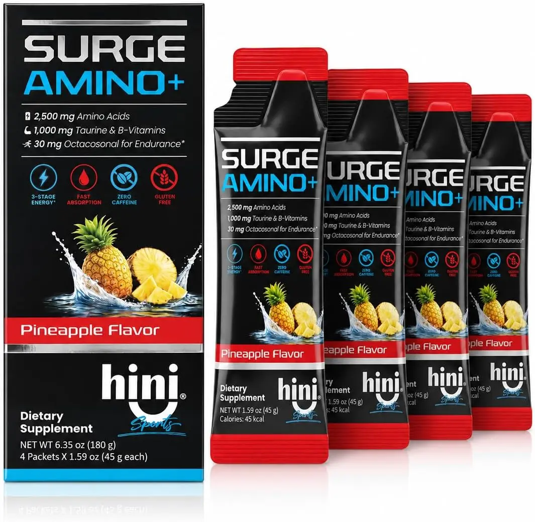 HINI Surge Amino+ Energy Gel Pineapple Flavor 4-Pack Peptides Amino Acids Nutritional Supplement - 2,500mg Amino Acid Blend, 1,000mg Taurine, B Vitamins, 30mg Octacosanol, Peptides Amino Acids Nutritional Supplements