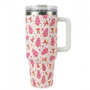 1 Pc 40oz insulated thermal mug with handle, double wall leak-proof vacuum cup, pink Christmas tree and bow pattern, festive cute holiday design, Mother's Day Gift,A gift for mom,, large capacity tumbler for hot cold drinks, Thermos Cup, Thermal Flask