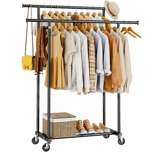 HYSEYY Rolling Clothes Rack with Wheels, Metal Garment Rack Double Rods Movable Garment Shelf ,for Hanging Clothes,Multi-functional,  Mobile Space Saving Garment Organizer  Freestanding