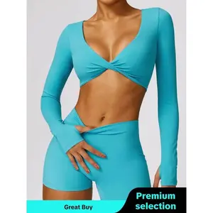 Two-pieceSetWomen'sSolidTwistVNeckTracksuitSet,SportyBreathableLongSleeveCropTop&SkinnyShortsforGymWorkoutRunning,MinimalisticOutfit,JoggingSuitSet,BlackGirlOutfits,FallOutfits