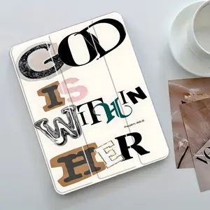 Retro "God Is Within Her" Bible Verse iPad Case, Tablet Cover, Aesthetic Protective Cover Auto Wake/sleep,Anti-Drop Scratch-Resistant,Transparent Acrylic Back,Fits iPad 7.9/8.3/10.2/10.5/10.9/11/12.9 13 inch,Shock-resistant Full Cover Ideal for Office