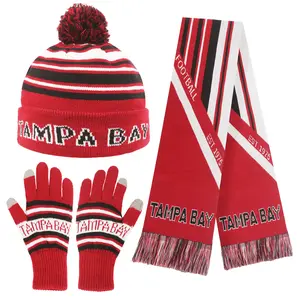Knitted Tampa Bay Ribbed Beanie Scarf & Gloves Set Jacquard Design Elastic Warm Winter Accessories for Football Fans Winter Fashion