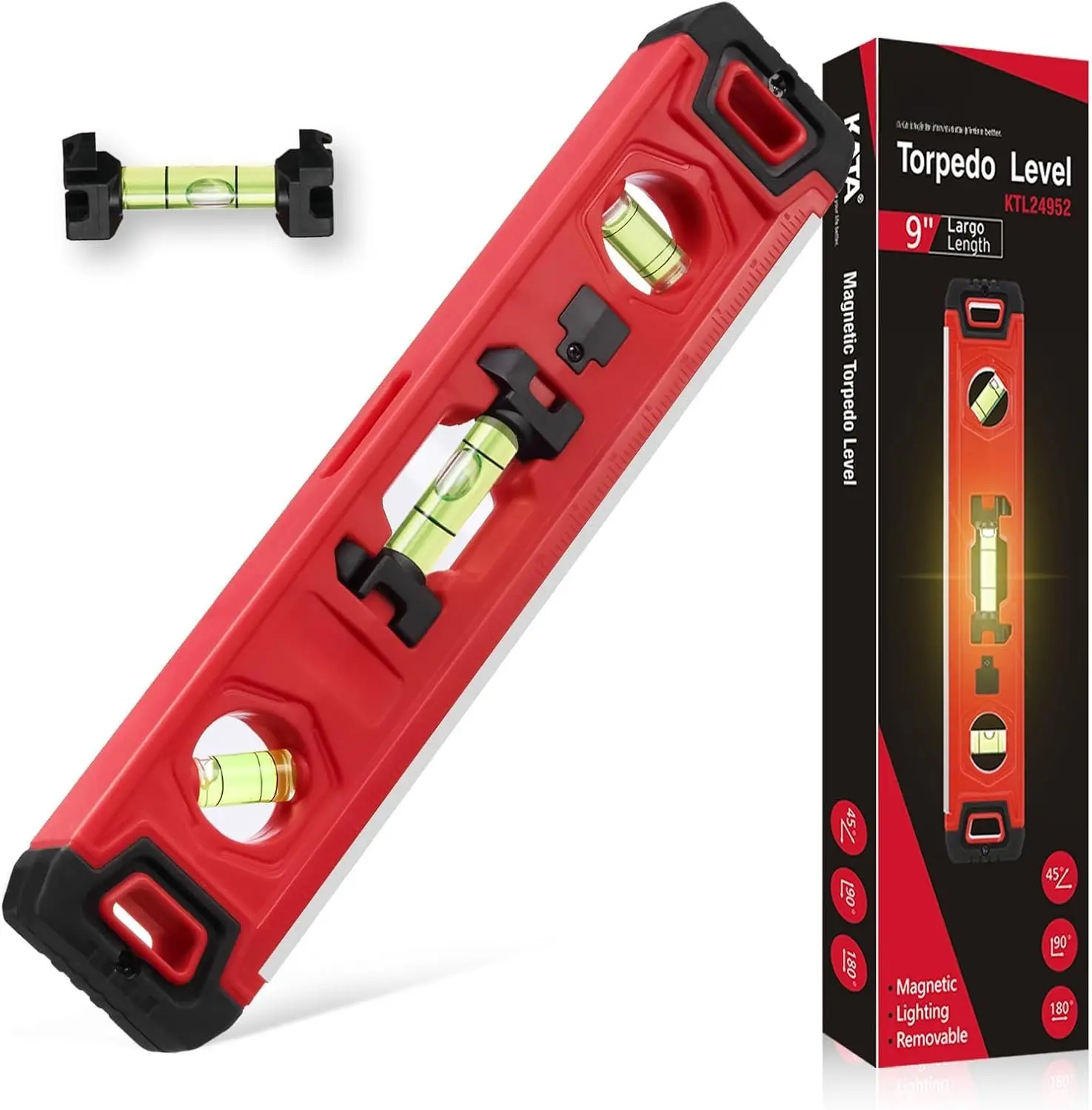 Torpedo Level  TooL - 9 Inch Small Leveler Tools with Ruler 45/90/180  Vials - Removable Line Bubble Spirit leveling For Hanging Pictures, Installing Shelf in Dark Tight Spaces