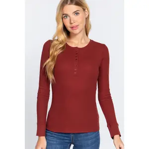 Womens Henley Warm Soft Thermal Top Button T-Shirt Waffle Knit Layering