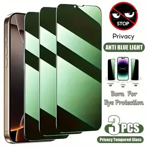 3pcs Green light Privacy Screen Protectors Accessories For iPhone 17 Air/17 Pro Max/17 Pro/17/16/15/14/13/12/11/Pro Max/Pro/Plus/16e/X/XS/XR/XS MAX,9H Hardness,Ultra HD,Anti-Scratch,Anti-Fingerprint,Compatible with dynamic islands