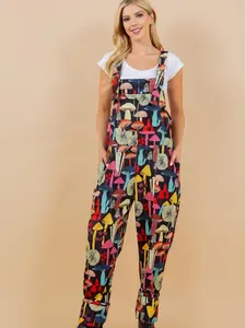 Colorful Mushroom Print Overalls with Square Neck Adjustable Straps & Handy Pockets for Casual Wear