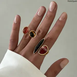 Vintage Two-Tone Resine Statement Ring, Asymmetric Double Stone Open Cuff Ring, Gold/Silver Plated Chunky Retro Ring for Women summervibes