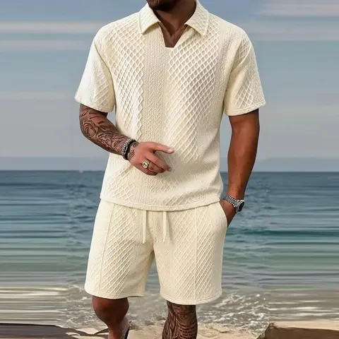 Men's 2-Piece Tropical Coordinated Set - Beige Color-Block V-Neck Short-Sleeve Fitted Polyester Top & Drawstring Regular Fit Shorts, Casual Modern Style for Daily Errands, Resort Wear, Summer Use