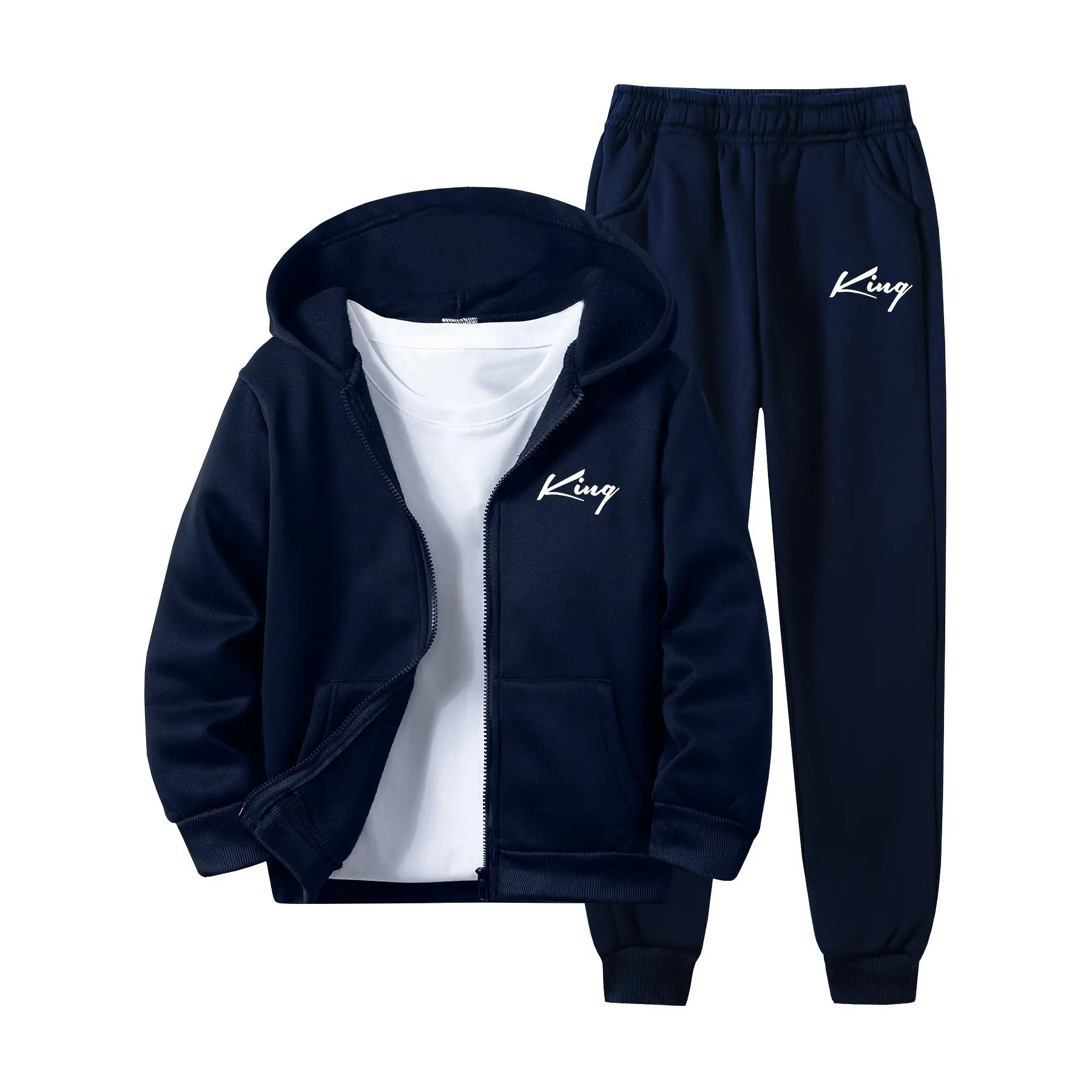 Boys' 2-Piece Casual Velvet Tracksuit Set - Long Sleeve Zippered Hoodie, Letter Motif Pants, Polyester Fabric, for Ages 11-12Y