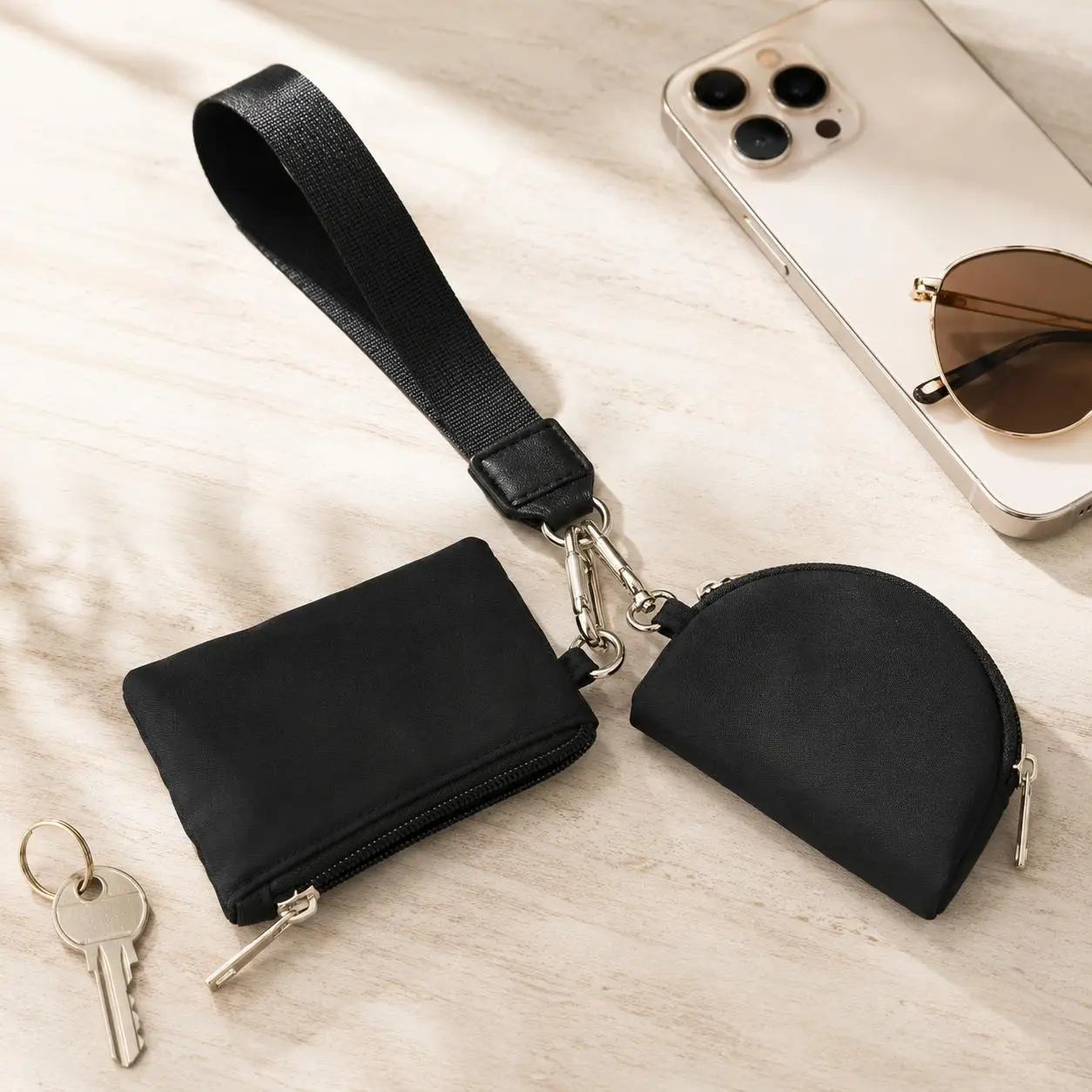 Women's Black Wristlet Wallet - Casual Lightweight One-Size Polyester Zip-Around, Detachable Dual Pouches, Split Keys/Coins, Card Holder, Keychain, Multi-Compartment Accessory for Travel, Gym