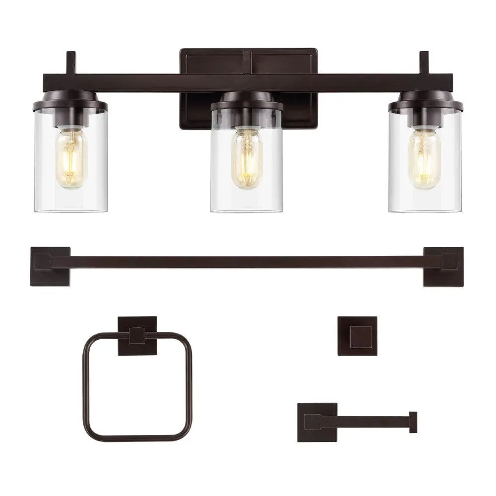 JONATHAN Y Liam 23.25" 3-Light Coastal Traditional Farmhouse Industrial Vanity Light with Oil Rubbed Bronze Bathroom Hardware Accessory Set, Wall Sconce, Wall Lighting Fixture