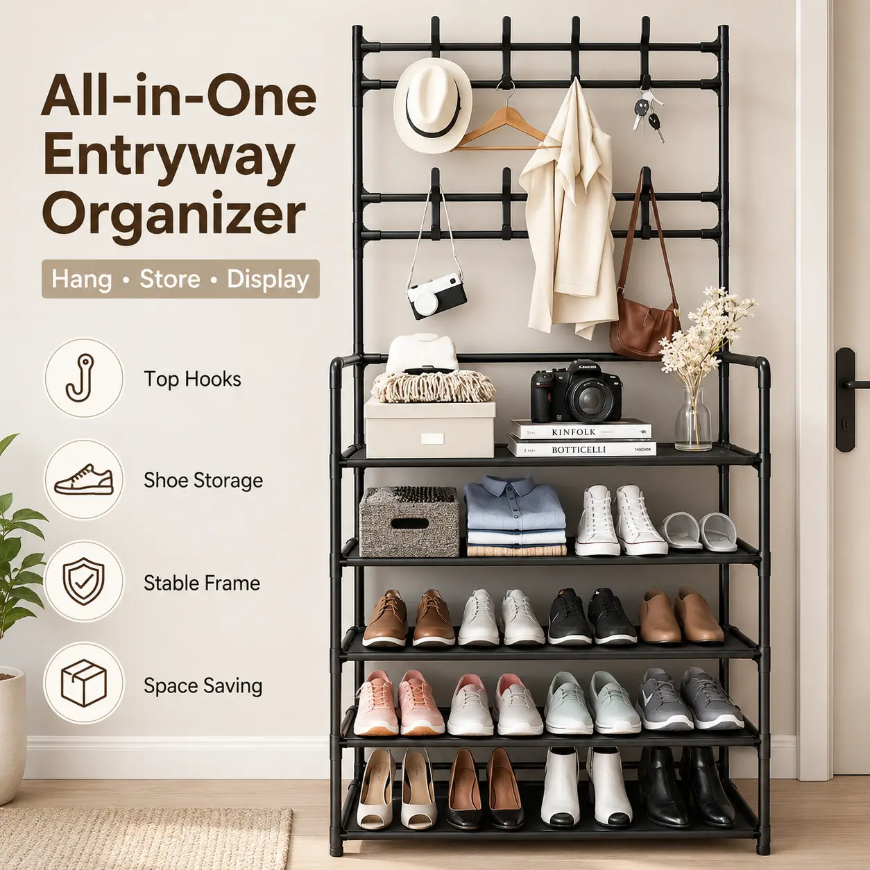 1-Piece Multifunctional Entryway Coat Rack with 5-Tier Shoe Rack Organizer, 12 Hanging Hooks, Freestanding Space-Saving Hall Tree (80x25x175cm) for Hallway, Bedroom