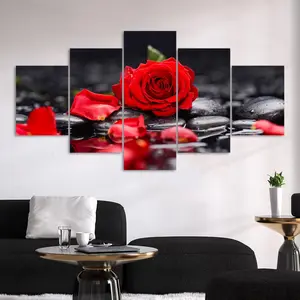 Red Rose on Stones Pattern Canvas Unframed Painting, 5 Counts/set Modern Wall Art Poster, Modern Floral Paintings, Wall Art Decor for Home Living Room Bedroom Office, Ornaments