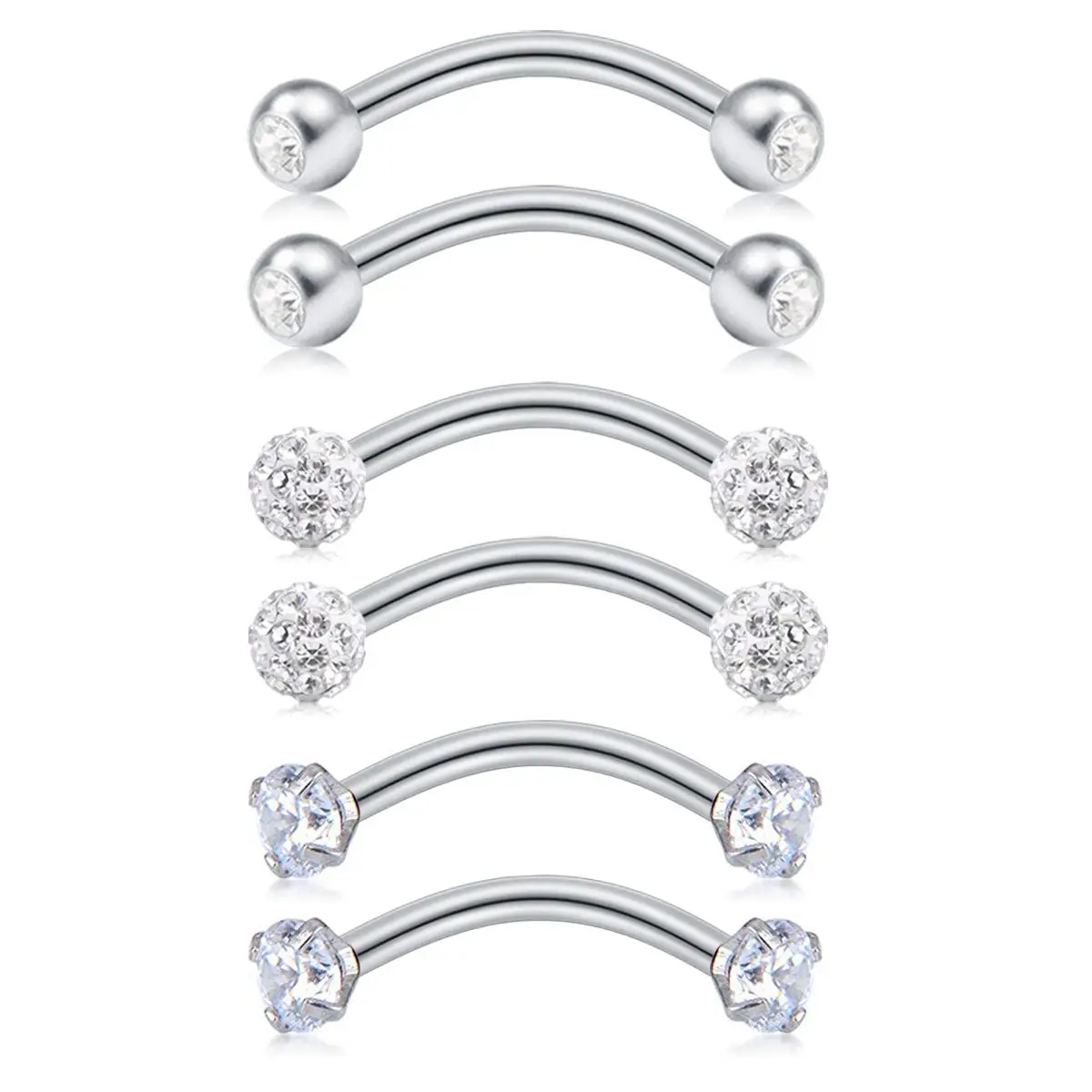 QWALIT 16G Rook Piercing Jewelry 6PCs/set Rook Earrings for Women Eyebrow Rings Stainless Steel Vertical Labret Jewelry Curved Barbell Snug Daith Surface Tragus Piercing Jewelry Silver