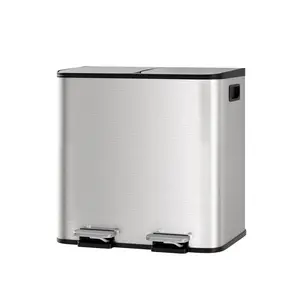 30L Dual Compartment Stainless Steel Step Trash Can (2 x 15L), Removable Buckets, Soft-Close Lids, Hands-Free Pedals, Waste Separation Bin for Kitchen, Home and Office